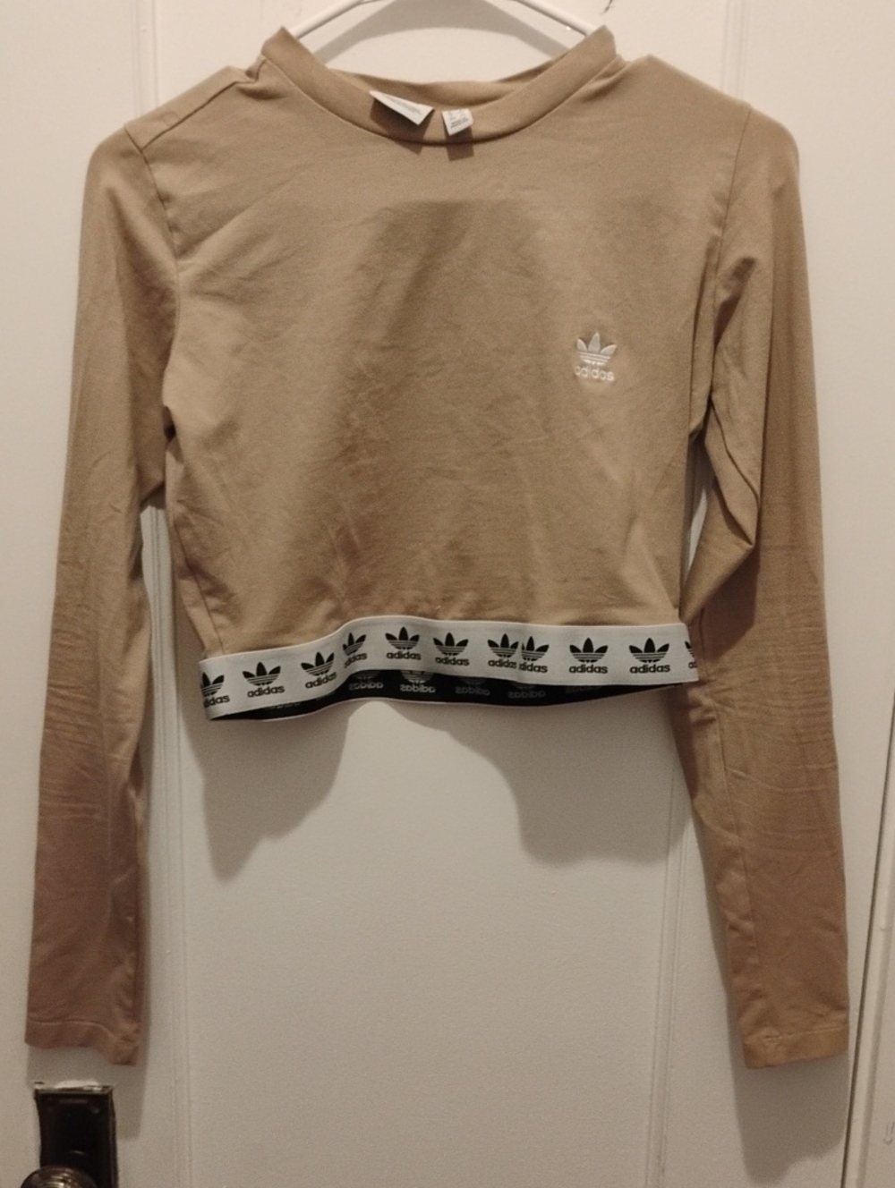 adidas Beige Cropped Long Sleeve Top with Logo Band
